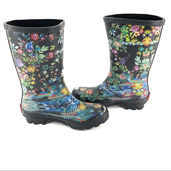 Johnny Was Black Floral Print Dreamers Rainboot - Picture 5 of 10
